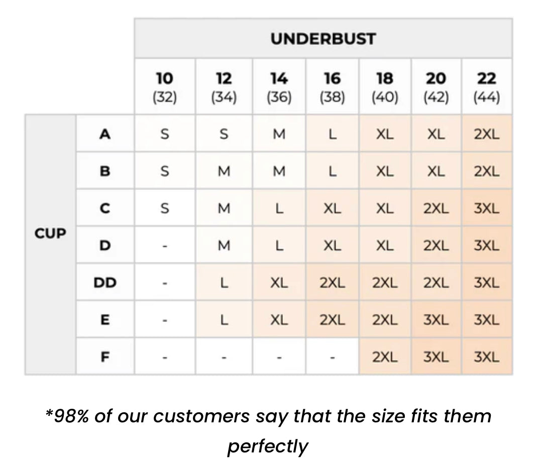Size chart for underbust and cup sizes with color-coded sizing.