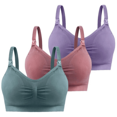 Three bras in green, pink, and purple on a white background