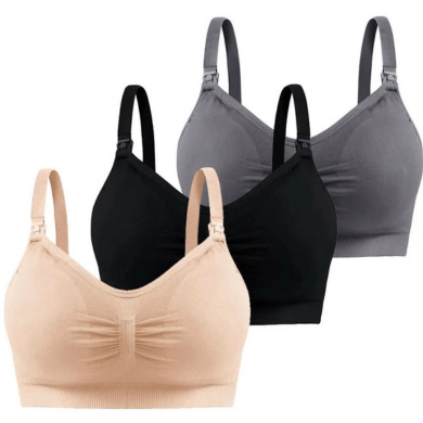 Three bras in beige, black, and gray on a white background
