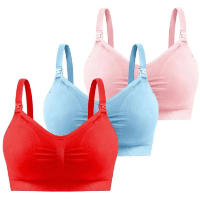 Three bras in red, blue, and pink on a white background
