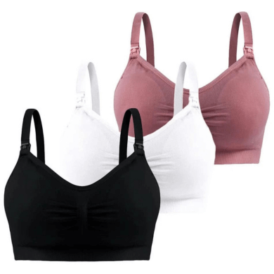 Three bras in black, white, and pink on a white background